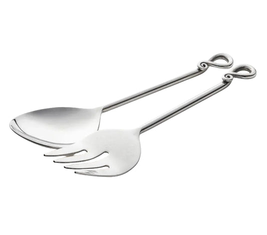 A stainless steel serving spoon and fork with long handles and infinity-shaped loop ends, photographed on a clean white background.