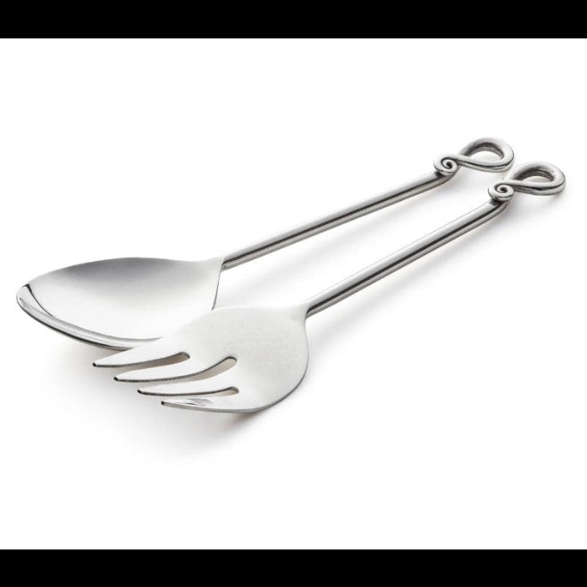 Metallic spoon and fork on a white background