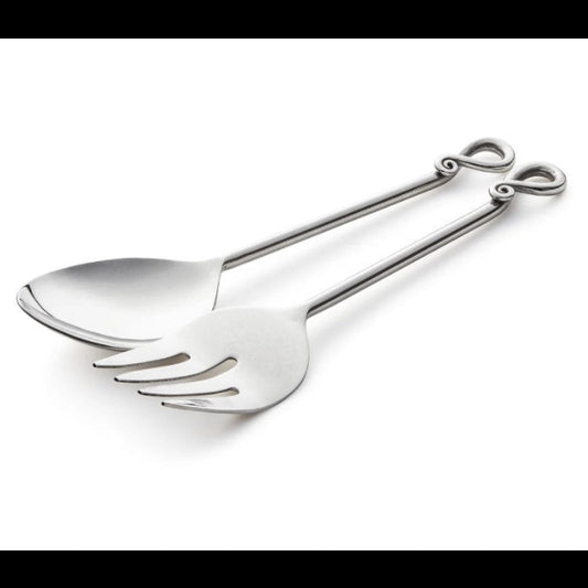 Metallic spoon and fork on a white background
