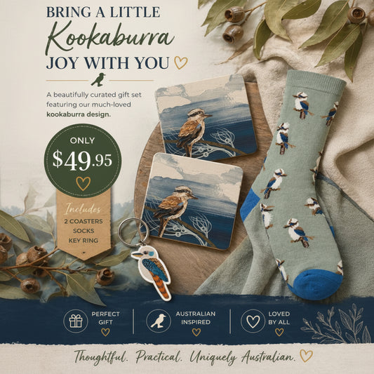 Kookaburra-themed gift set with coasters, socks, and key ring on a decorative background.