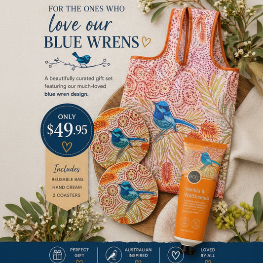 Gift set with apron, coasters, and hand cream featuring blue wren design on a white background.