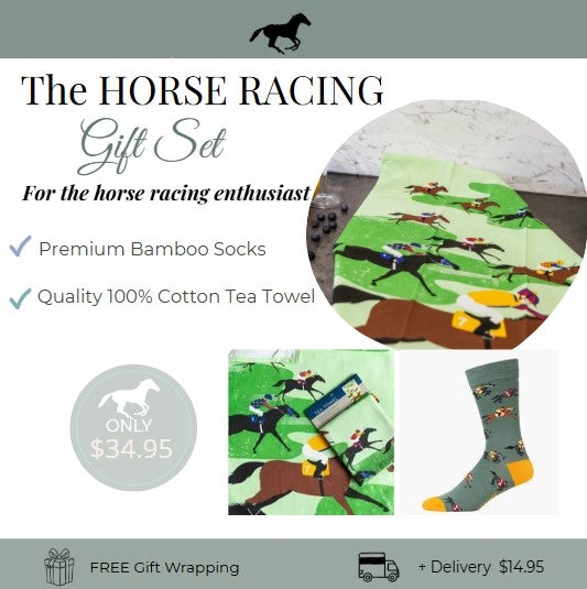 Horse racing-themed gift set with socks and tea towel on a white background