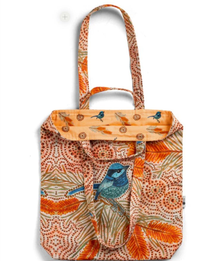 Foldable shopping bag with bird and leaf pattern on a white background