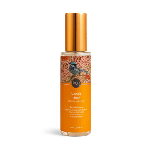Vanilla Haze body mist bottle with gold cap on a white background