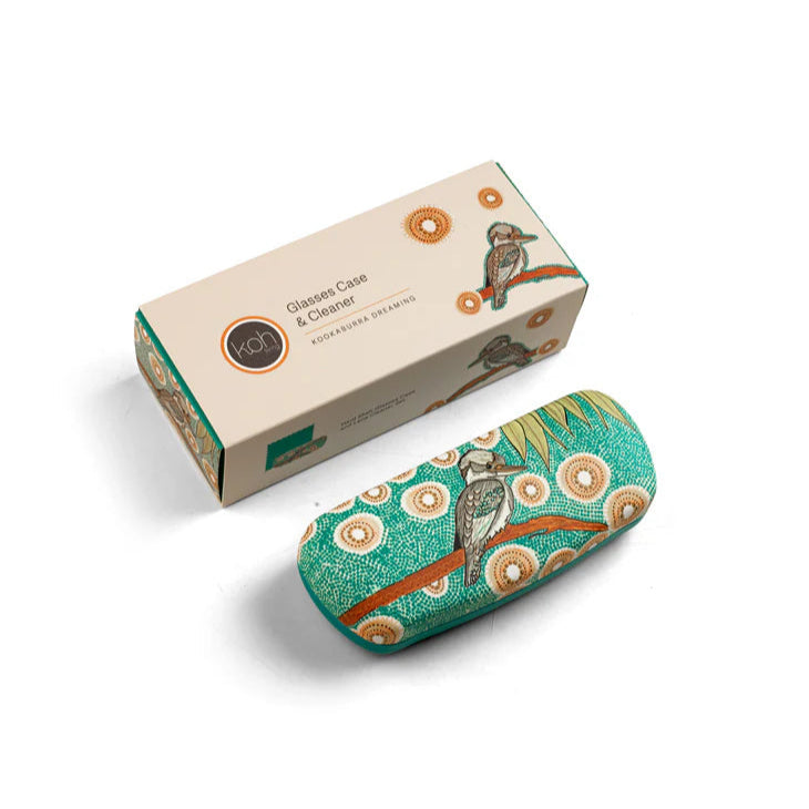 Eyeglass case and box with kookaburra design on a white background
