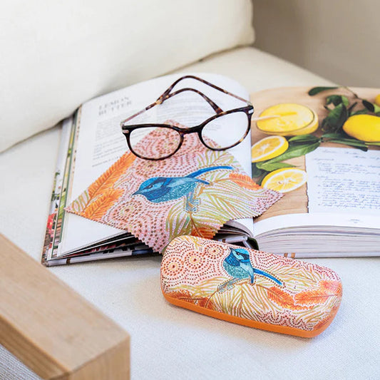 Glasses case and cleaner with blue bird design.  Lifestyle.