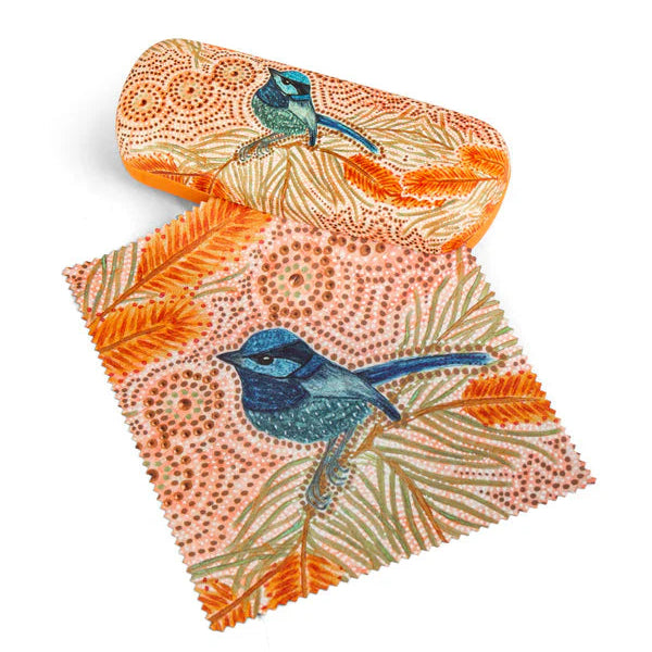 Glasses case and cleaner with blue bird design.