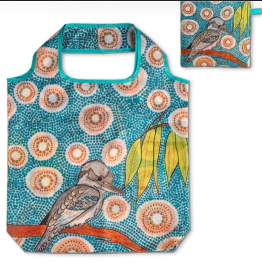 Reusable shopping bag with bird design on a blue background