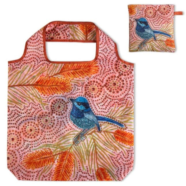 Reusable shopping bag with bird design on a pink background