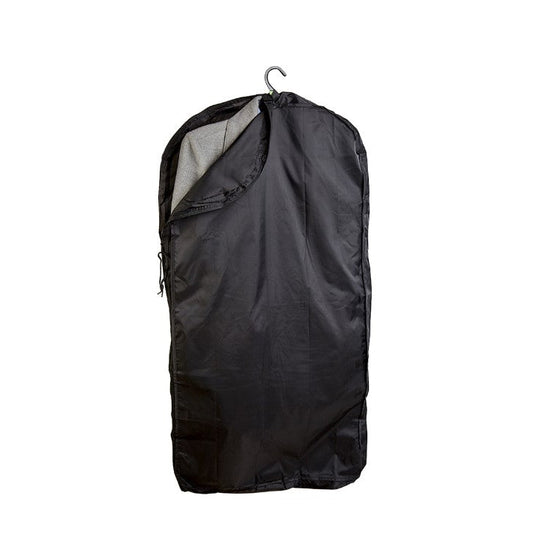 Black garment bag with a hanger on a white background