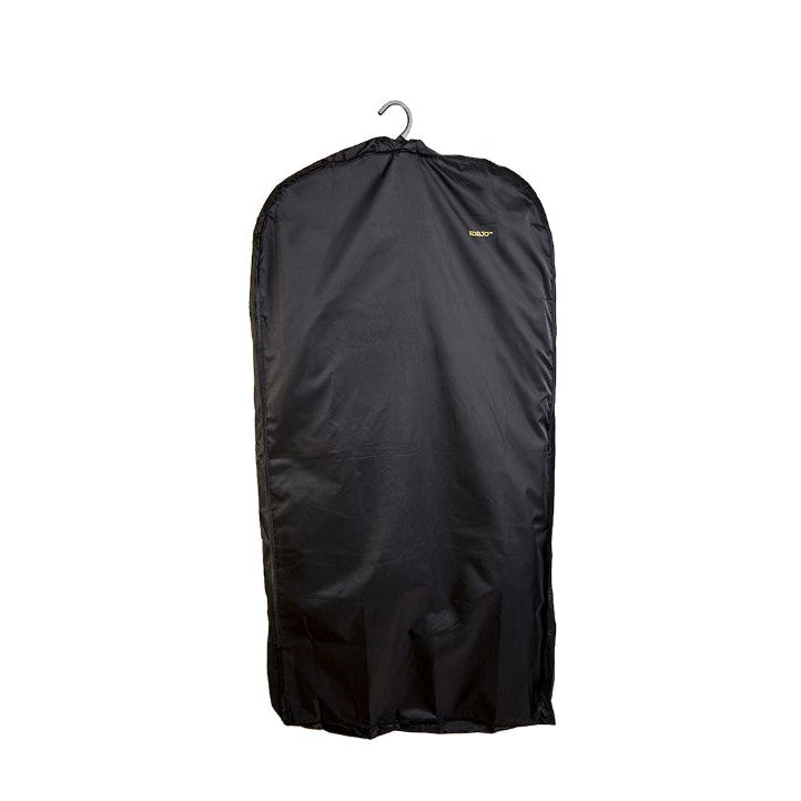 Black garment bag with a hanger on a white background