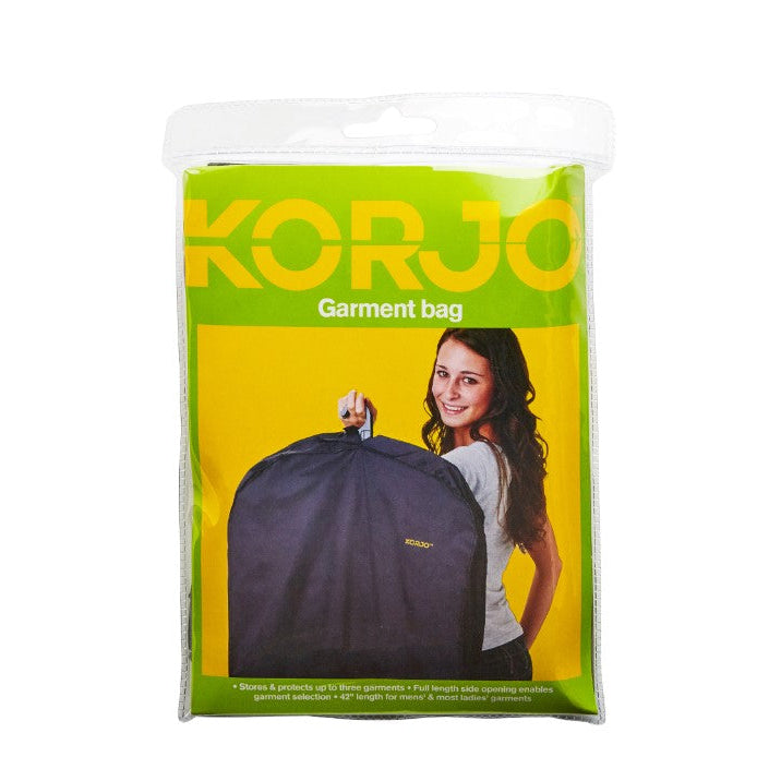 Korjo garment bag packaging with a woman holding a bag on a white background