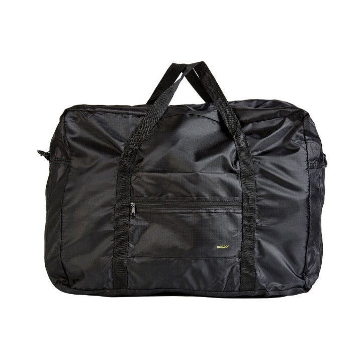 Black travel bag with handles on a white background