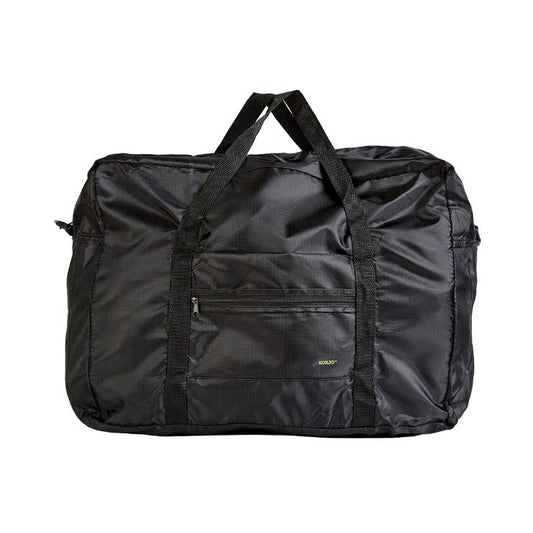Black travel bag with handles on a white background
