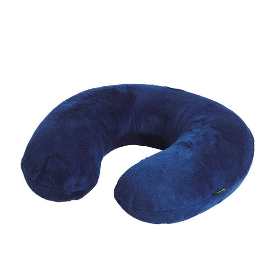 Blue U-shaped travel pillow on a white background