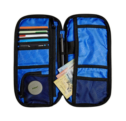 Blue travel organizer with compartments for cards, a pen, and documents on a white background