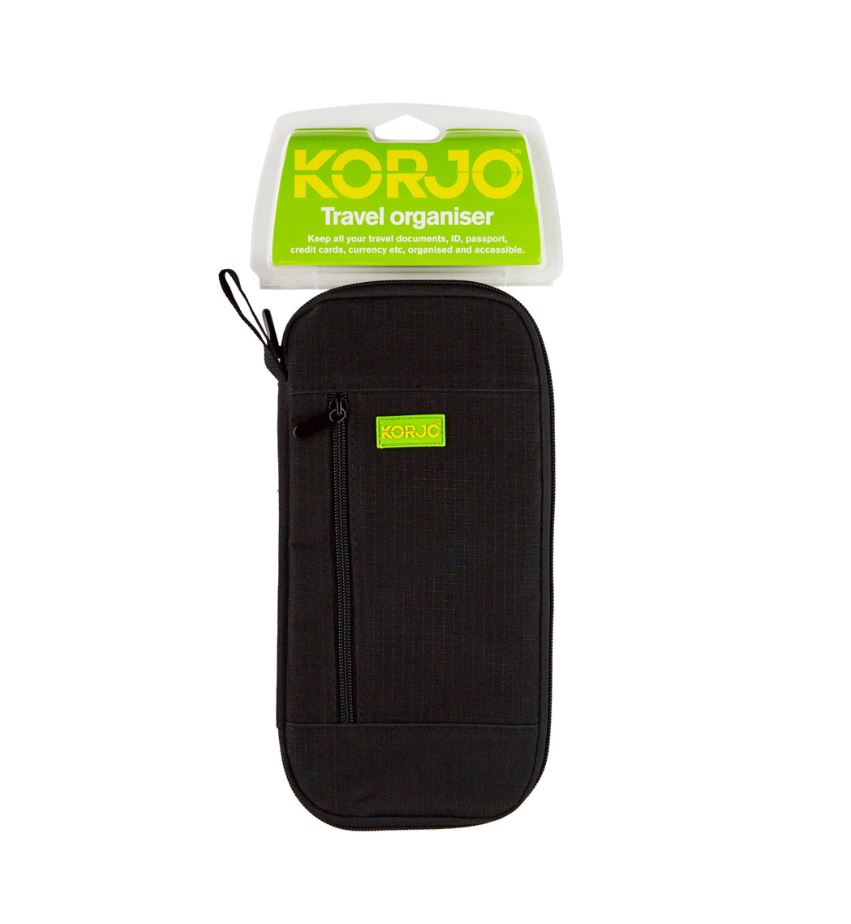 Black travel organizer with 'Korjo' branding on a white background