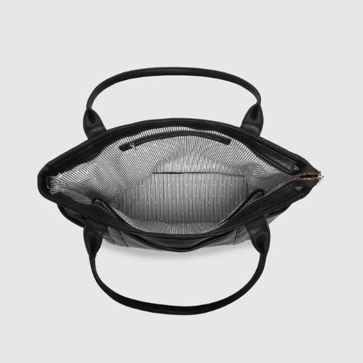 Black bag with open front compartment on a light gray background