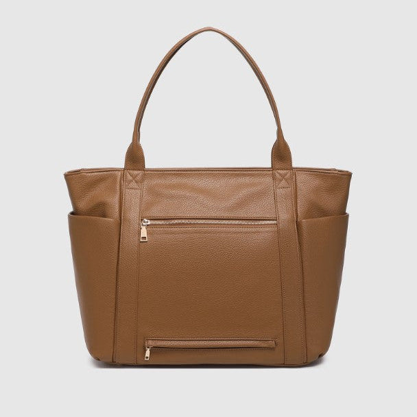 Brown tote bag on a light gray background