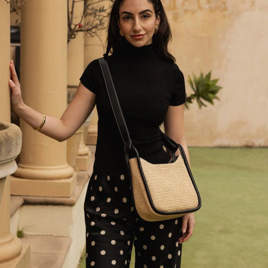 Louenhide Clare Raffia Black Shoulder Bag – Vegan Leather & Raffia Handbag