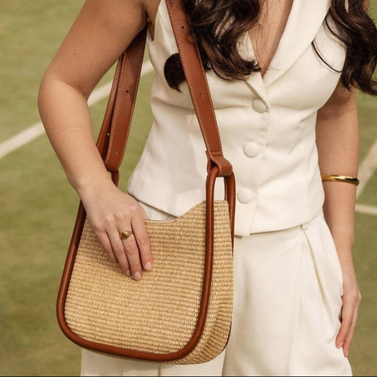 Louenhide Clare Raffia Tan Shoulder Bag – Vegan Leather & Raffia Handbag
