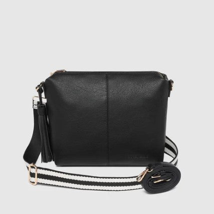 Black crossbody bag with a strap on a light gray background