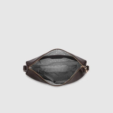 Brown bag with gold zipper on a light gray background