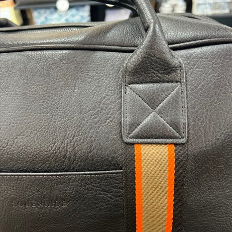 Black leather bag with a brand tag and orange stripe, featuring the brand 'Louboutin'.