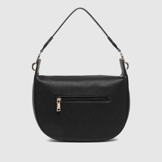 Black handbag with a gold zipper on a light gray background