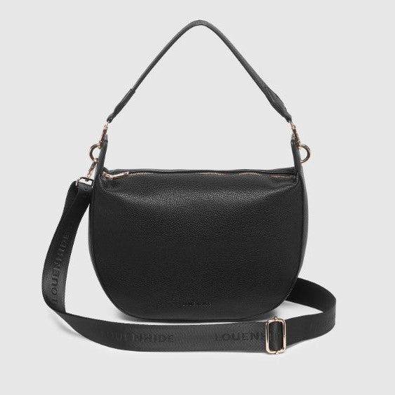 Black handbag with a strap on a light gray background