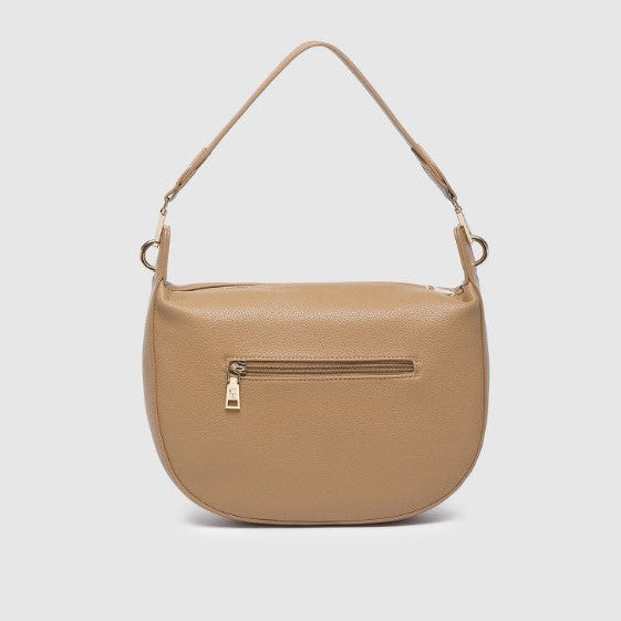 Beige handbag with a gold zipper on a light gray background
