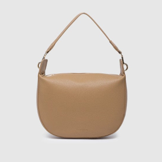 Beige handbag on a light gray background