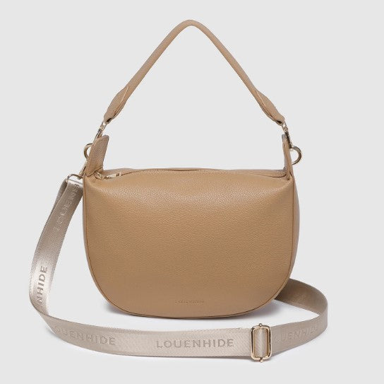 Beige handbag with a strap on a light gray background