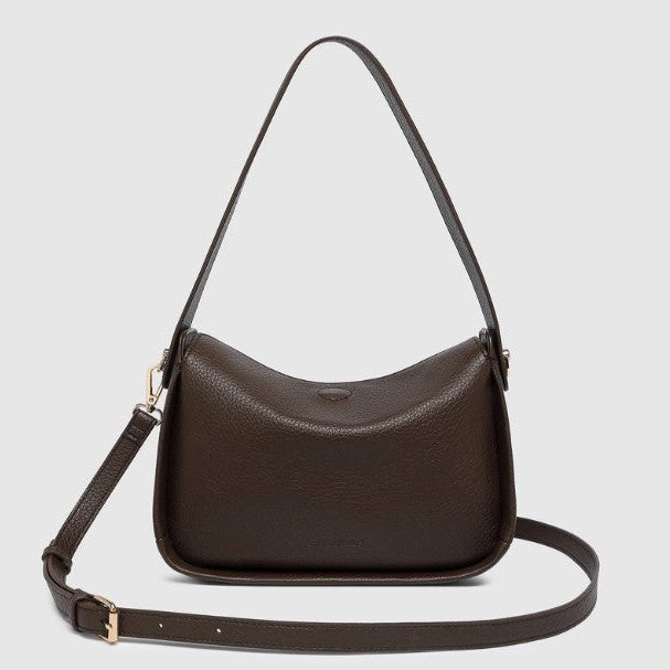 Brown handbag with a shoulder strap on a light gray background