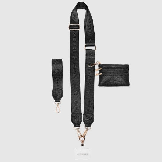 Black leather bag strap and wallet on a light gray background