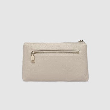 Beige clutch bag with a zipper on a light gray background