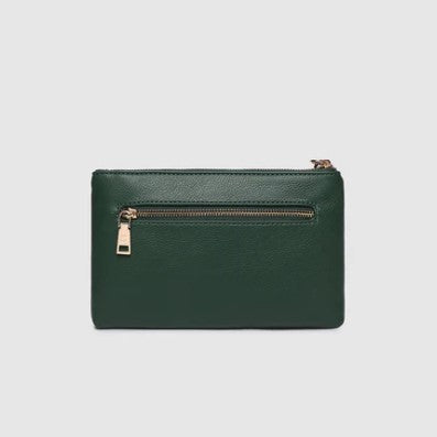 Green clutch with a gold zipper on a light gray background