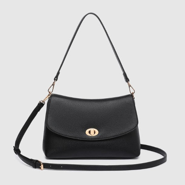 A black shoulder bag with a gold-tone turn-lock closure and a matching black leather strap, displayed on a light gray background.