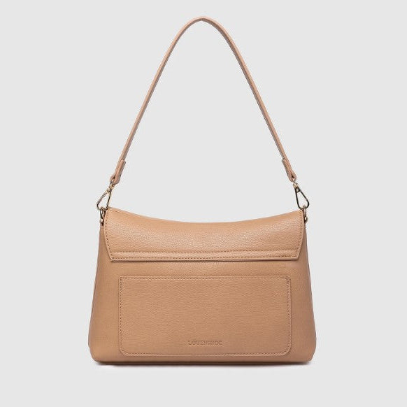 A light tan shoulder bag - back view.