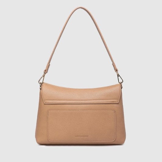 A light tan shoulder bag - back view.