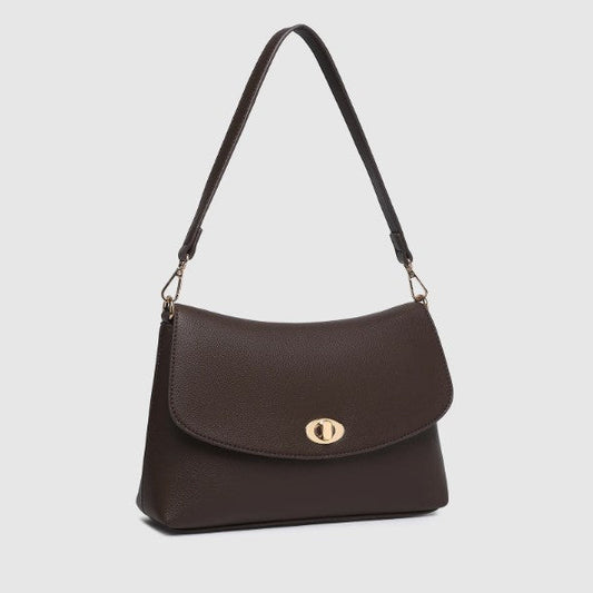 A dark brown  shoulder bag with a curved flap, gold-tone hardware, and a matching adjustable shoulder strap, shown against a light gray background.