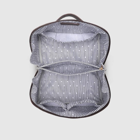 Interior of a toiletry bag on a light gray background