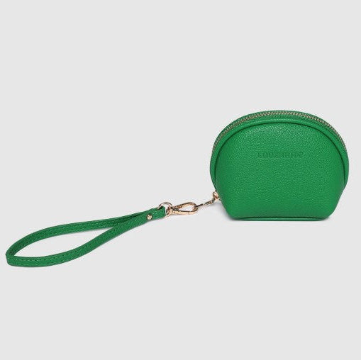 Green circular wallet with a strap on a light gray background