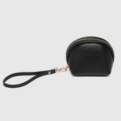 Black faux leather wristlet with a strap on a light gray background
