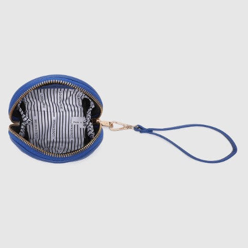 Blue round pouch with a strap on a light gray background
