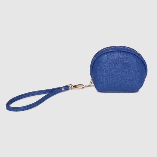 Blue round wallet with wrist strap on a light gray background