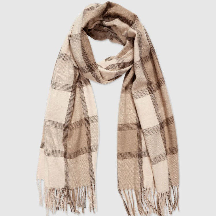 Plaid scarf with fringes on a light gray background
