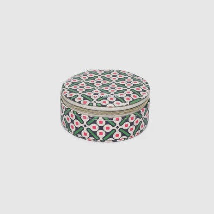 Round jewelry box with floral pattern on a white background