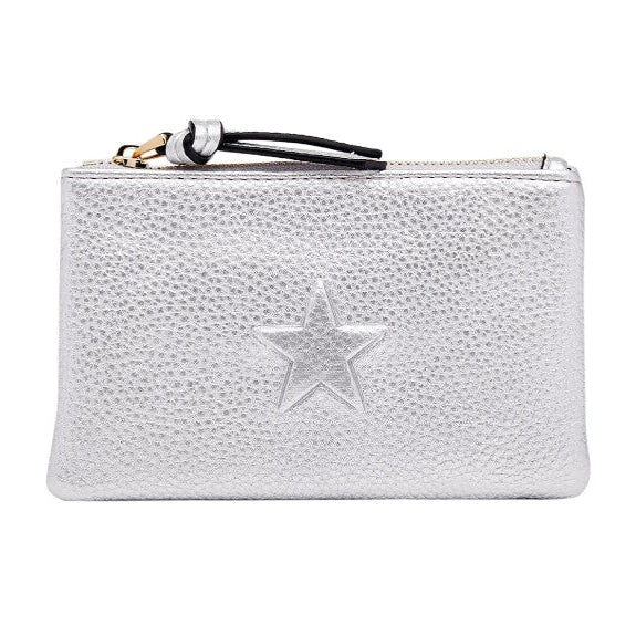 Silver textured pouch with a star emblem on a white background