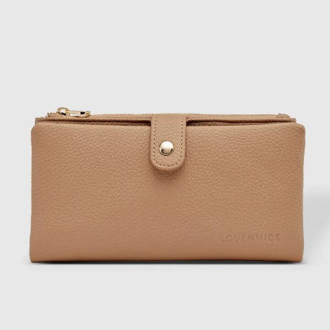 Tan wallet with a gold zipper and clasp on a light gray background